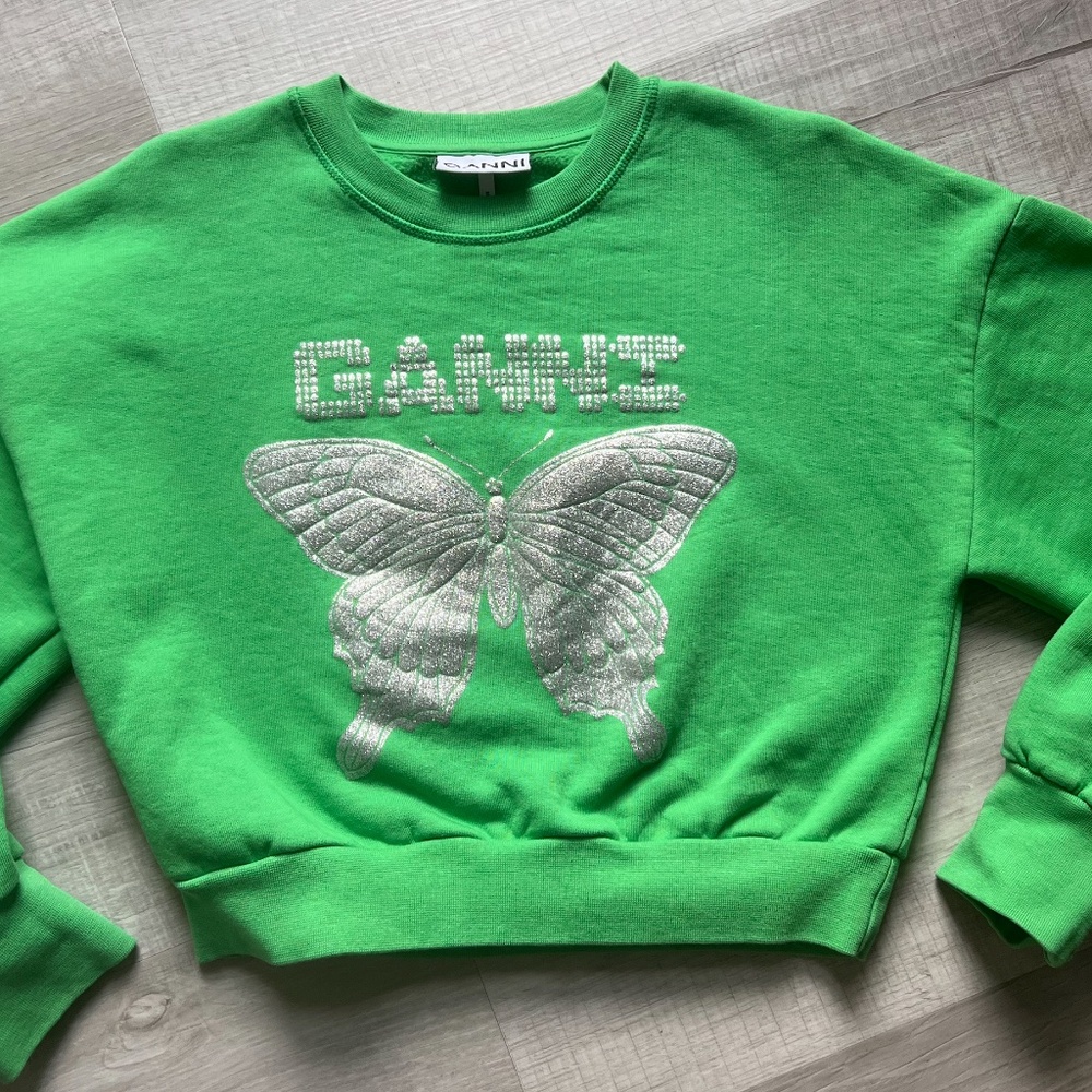GANNI butterfly print glitter organic cotton Kelly green crewneck womens small